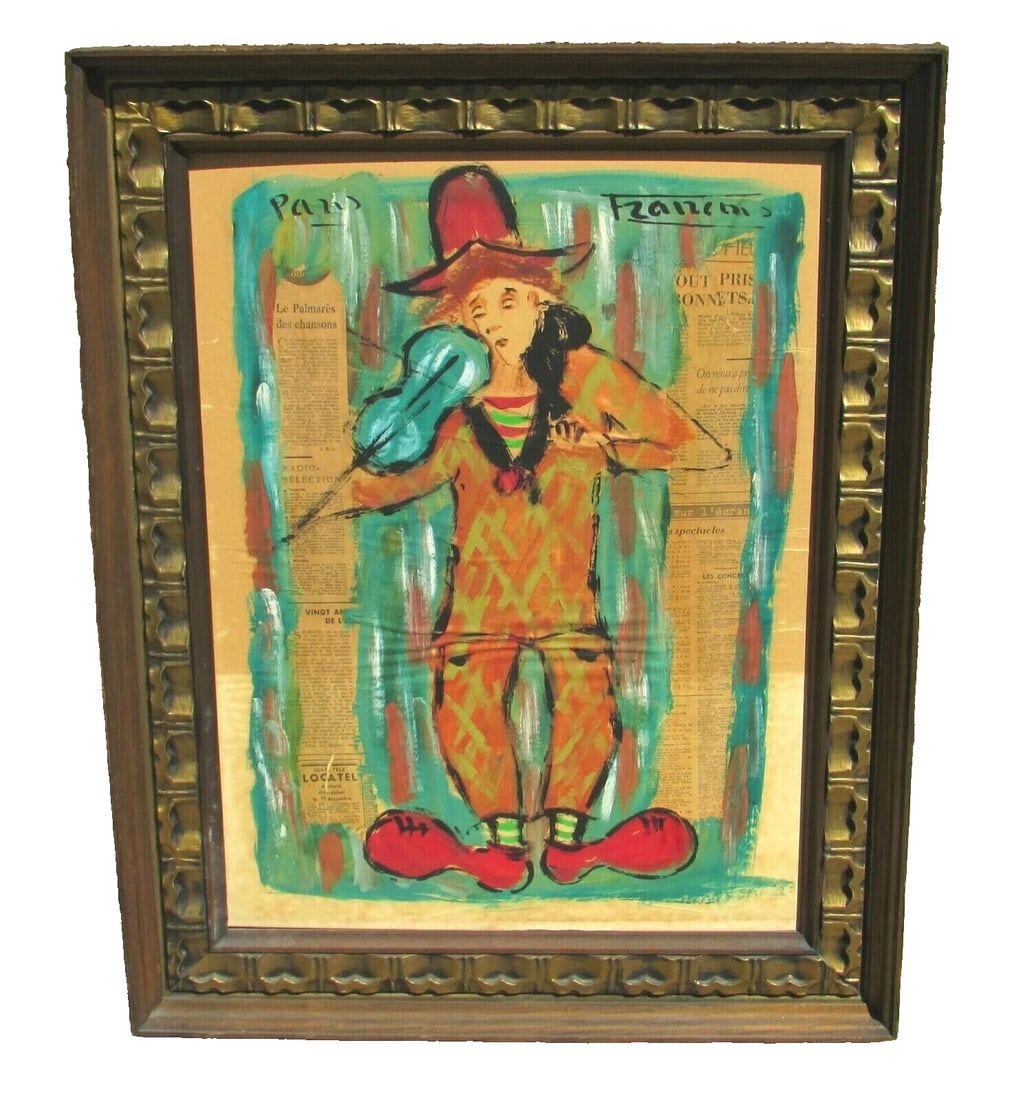 ANDRE FRANCOIS Mid Century Mixed Media & Collage Clown With a Violin: Title:ANDRE FRANCOIS Mid Century Mixed Media & Collage Clown With a ViolinDescription:ANDRE FRANCOIS (1915-2005). Clown with a Violin, 24" x 18" mixed media and collage (framed size: 29" x 23-1/4")