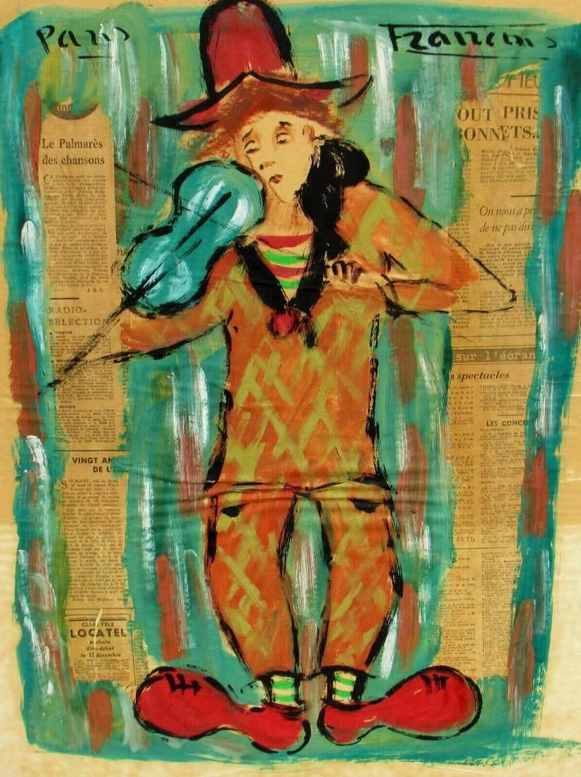 ANDRE FRANCOIS Mid Century Mixed Media & Collage Clown With a Violin - 3