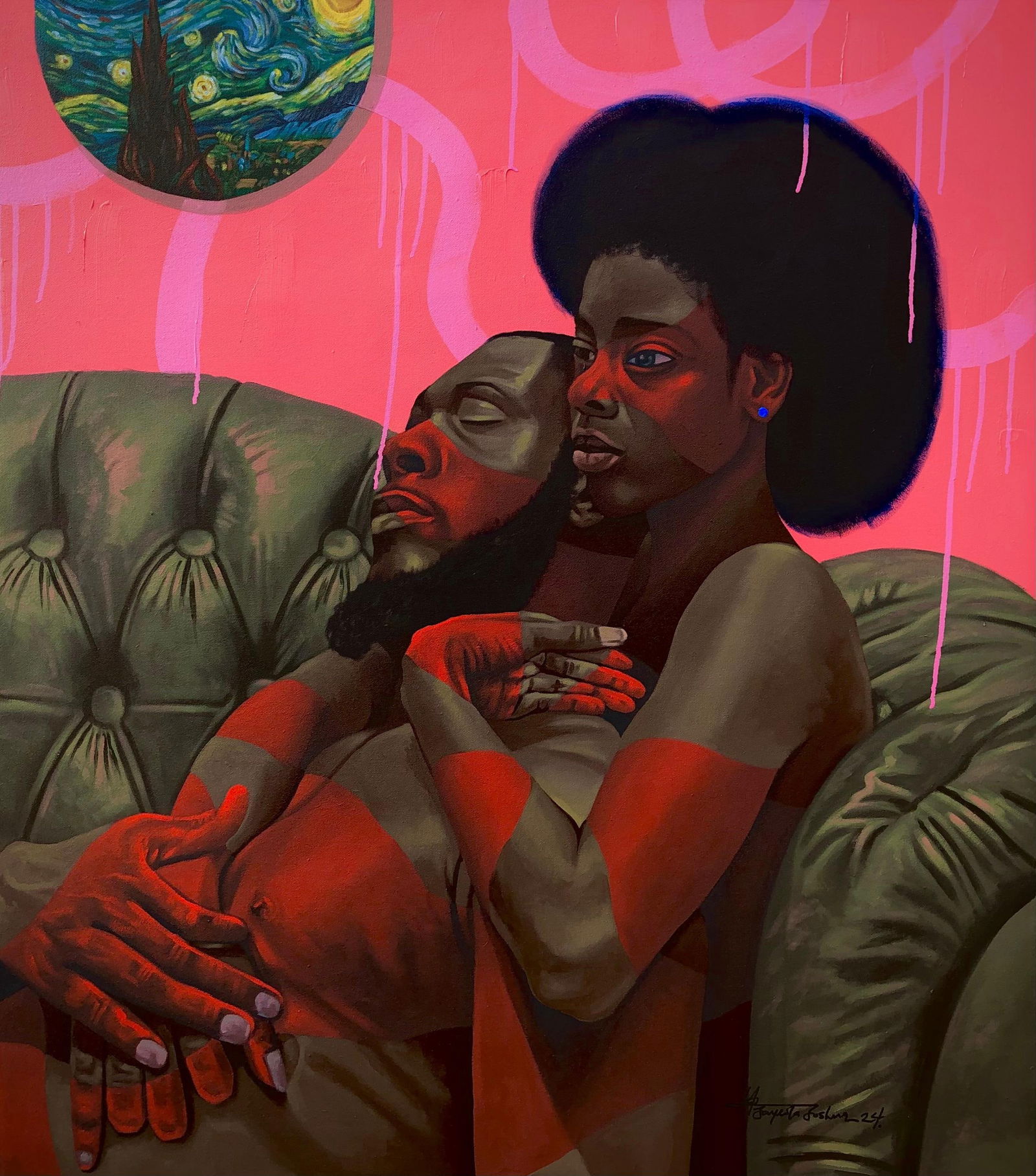 Jayeola Joshua, Safe Space - 21st Century Contemporary Painting of a Man and Woman in Love, 2024: Creator: Jayeola Joshua (2000, Nigerian) Creation Year: 2024 Dimensions: Height: 48 in (121.92 cm)Width: 42 in (106.68 cm)Depth: 1 in (2.54 cm) Medium: Canvas,Acrylic Movement & Style: 