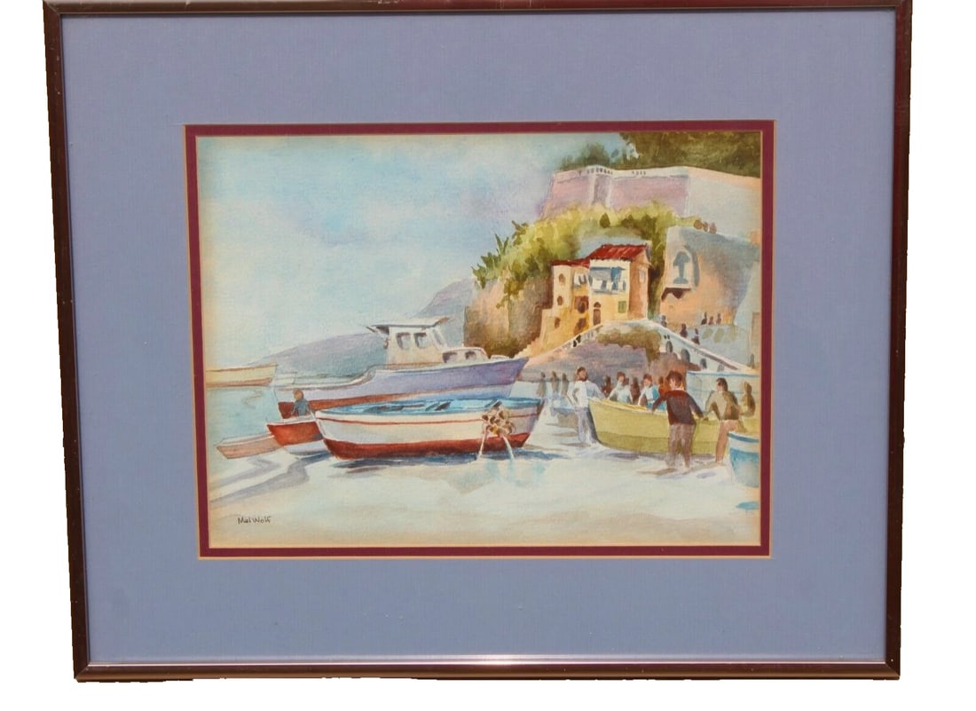 MEL WOLF European Scene with Figures Handling Boats on the Sand watercolor: Title:MEL WOLF European Scene with Figures Handling Boats on the Sand watercolorDescription:Mel Wolf (20th Century Artist). European Scene with Figures Handling Boats on the Sand, 8-1/2" x 11-1/4"