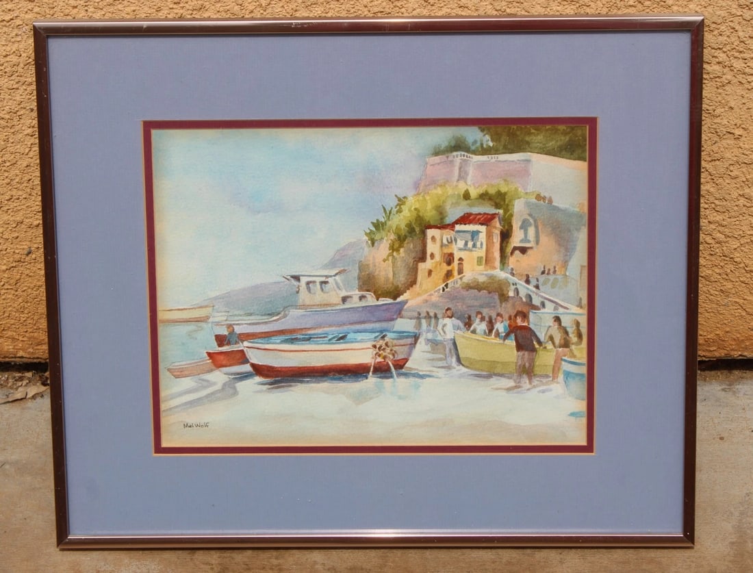 MEL WOLF European Scene with Figures Handling Boats on the Sand watercolor - 3