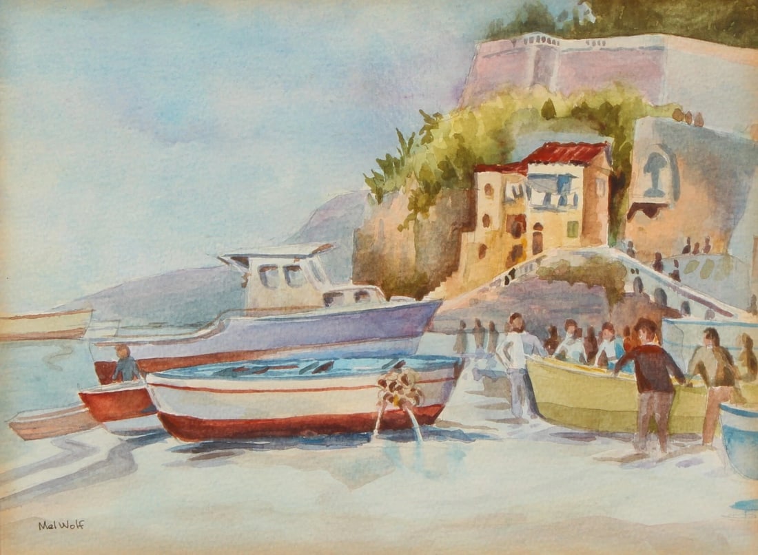 MEL WOLF European Scene with Figures Handling Boats on the Sand watercolor - 4