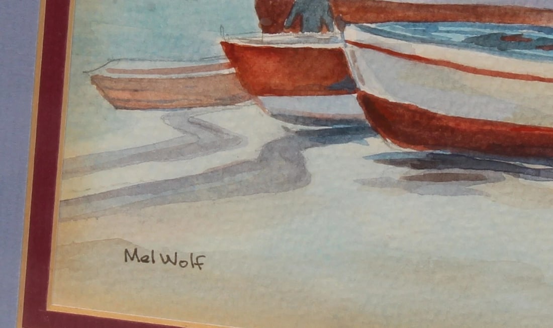 MEL WOLF European Scene with Figures Handling Boats on the Sand watercolor - 5