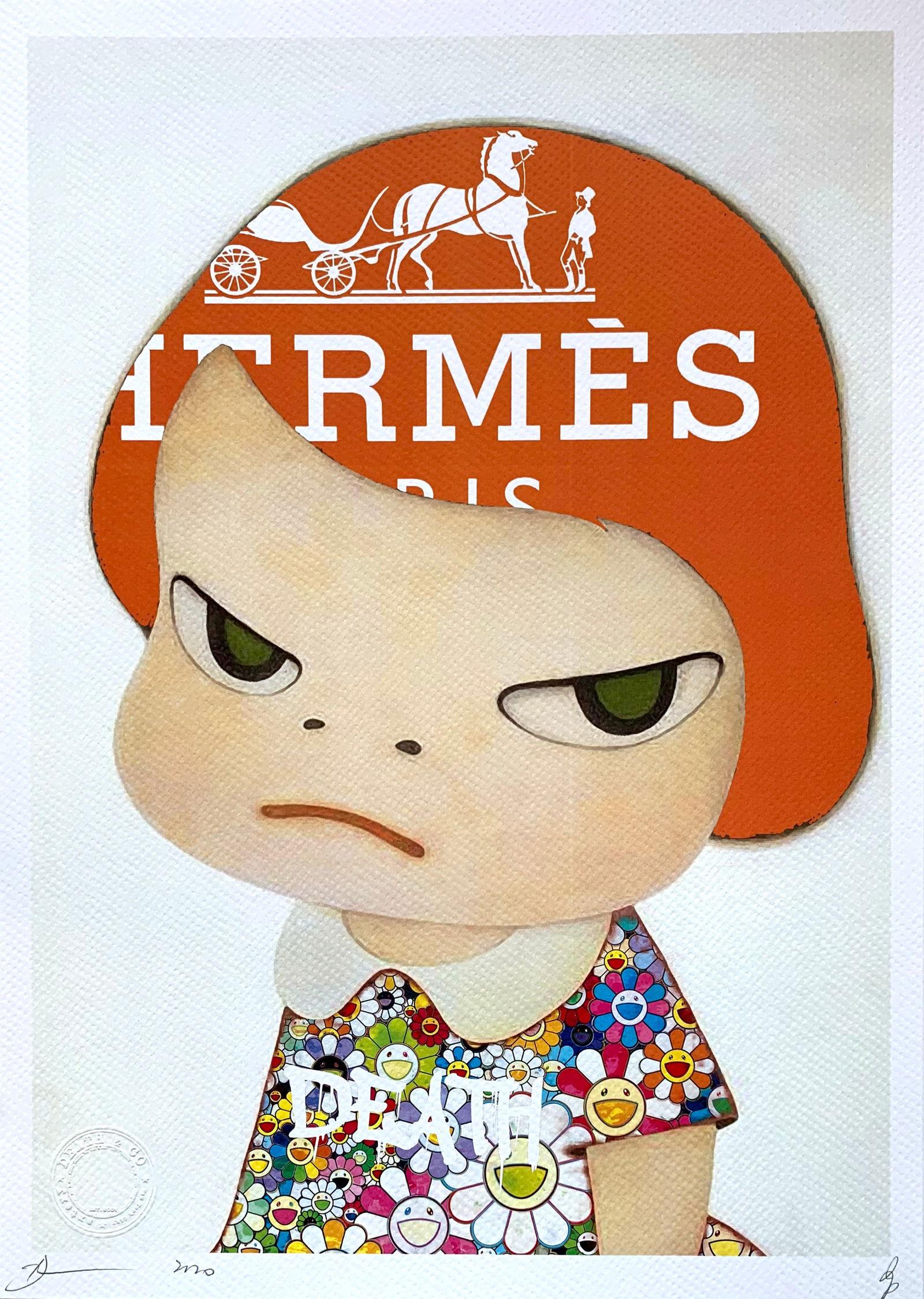 Death NYC Cute Hermes Murakami: Title:Death NYC Cute Hermes Murakami Date/Period:21st Century Materials:Giclee on Fine art 300 gsm paper Size:17 3/4 x 12 1/2 inches Description:Artist: Death NYC, limited edition giclee on paper, out