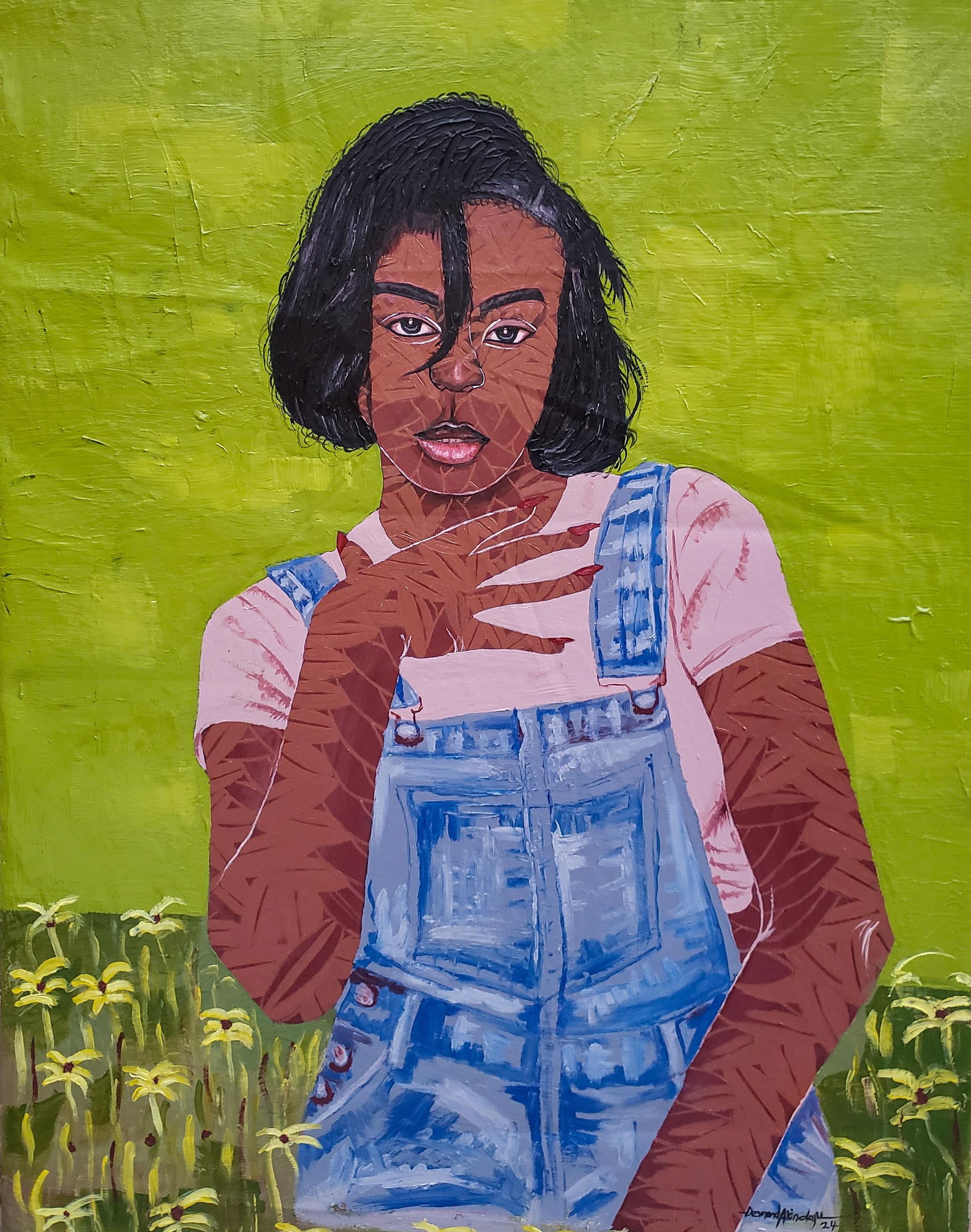 Desmond Akindoju, Tranquil Blossom - 21st Century, Contemporary, Figurative Portrait, Women, Plant,: Creator: Desmond Akindoju (2001, Nigerian) Creation Year: 2024 Dimensions: Height: 30 in (76.2 cm)Width: 22 in (55.88 cm)Depth: 1 in (2.54 cm) Medium: Canvas,Acrylic Movement & Style: 
