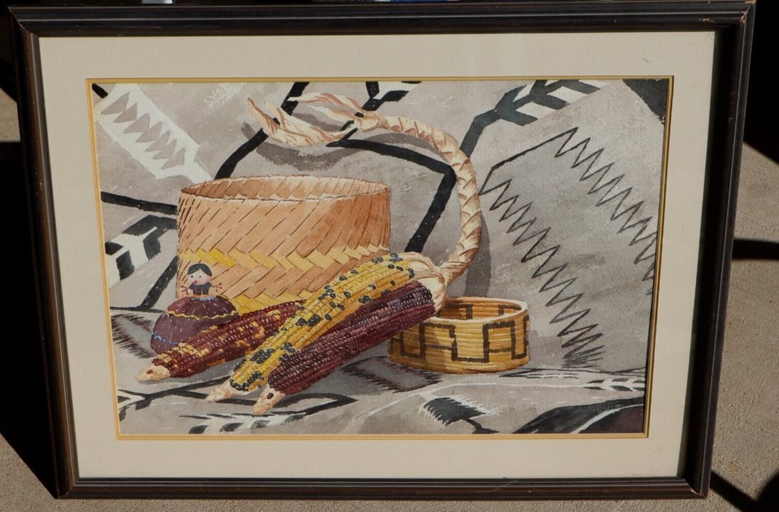 PAUL A. WILSON Mid Century Southwest Still Life w/ Corn, Figurine & Baskets w/c: Title:PAUL A. WILSON Mid Century Southwest Still Life w/ Corn, Figurine & Baskets w/cDescription:PAUL A. WILSON (New Mexico Artist). One of Wilson's watercolors of trees was offered at the Santa Fe