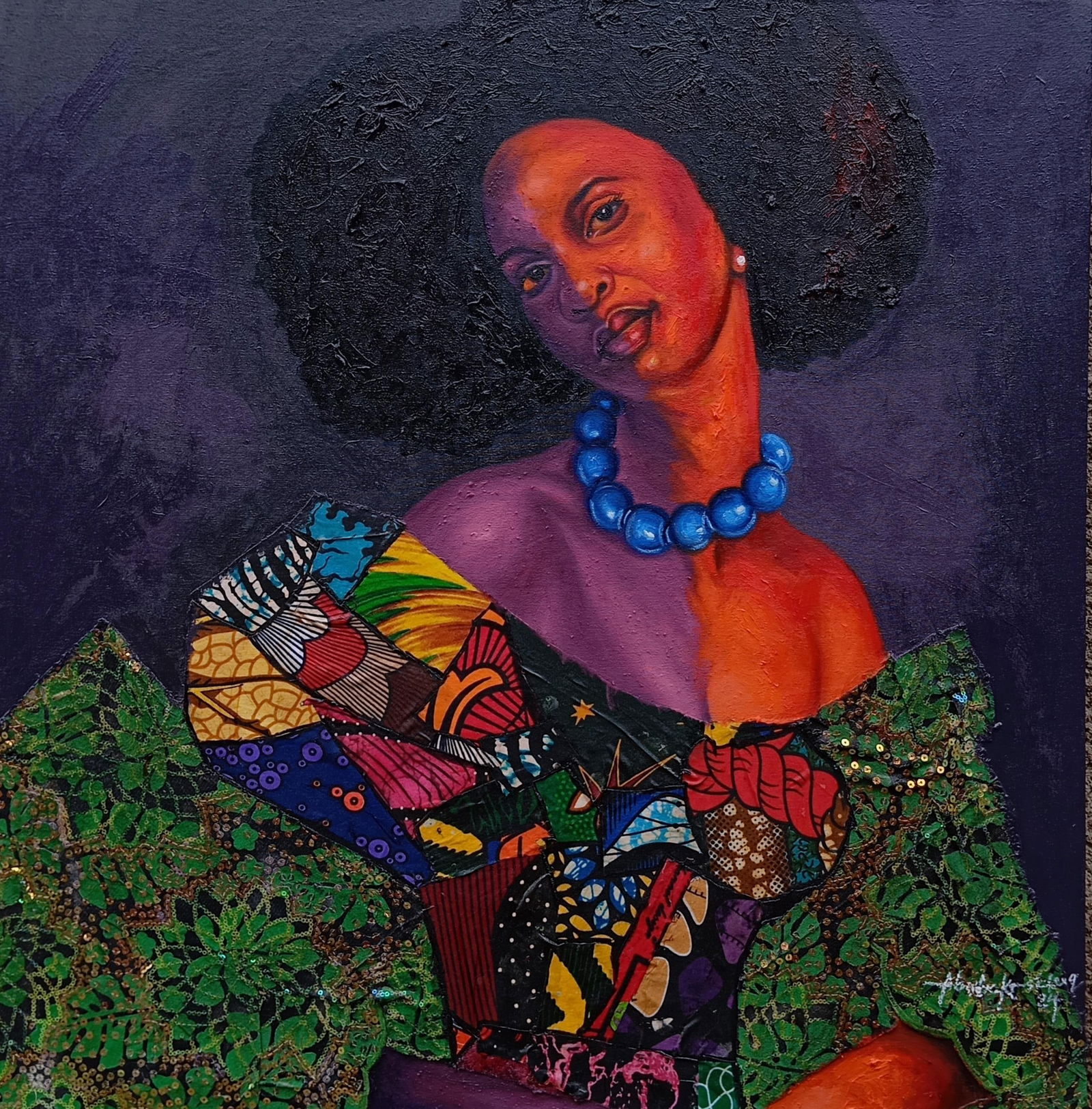 Bakare Abubakri-sideeq Babatunde, Pearl of Heritage - 21st Century Mixed Media with Oil and African: Creator: Bakare Abubakri-sideeq Babatunde (1992, Nigerian) Creation Year: 2024 Dimensions: Height: 30 in (76.2 cm)Width: 28 in (71.12 cm)Depth: 1 in (2.54 cm) Medium: Fabric,Canvas,Mixed