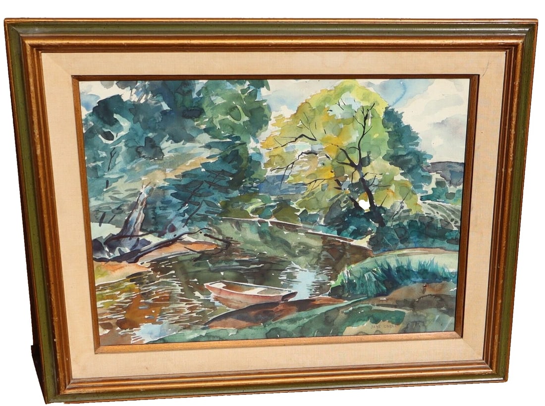JANE O'NEILL Watercolor of a Rowboat on a River with Overgrown Trees: Title:JANE O'NEILL Watercolor of a Rowboat on a River with Overgrown TreesDescription:JANE O'NEILL. Member of the Palo Alto Art Association. ROWBOAT ON A RIVER WITH OVERGROWN TREES, Circa