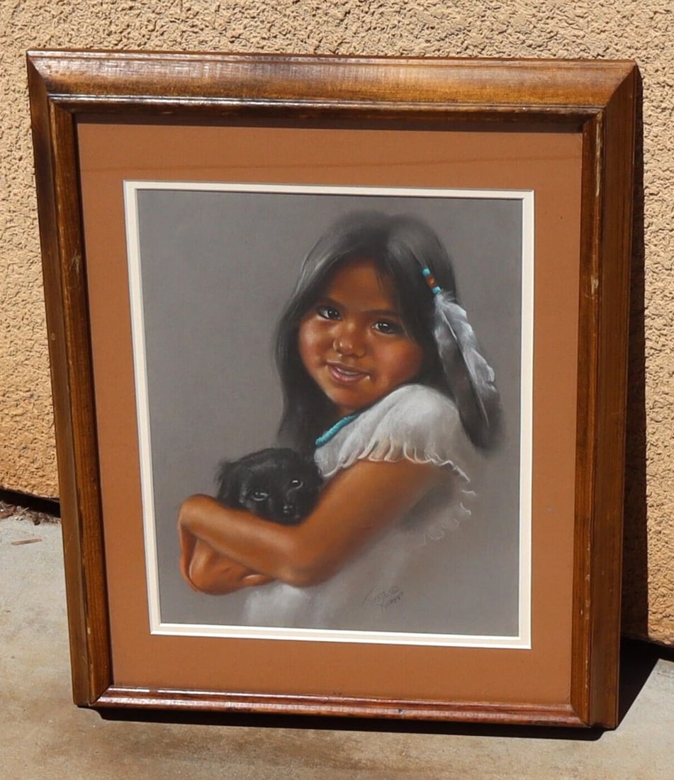 TERIE KNAPP California Artist Pastel painting of an INDIAN GIRL WITH PUPPY: Title:TERIE KNAPP California Artist Pastel painting of an INDIAN GIRL WITH PUPPYDescription:TERIE KNAPP. California artist that lived in Quartz Hill, California. Portrait of an Indian Girl with a