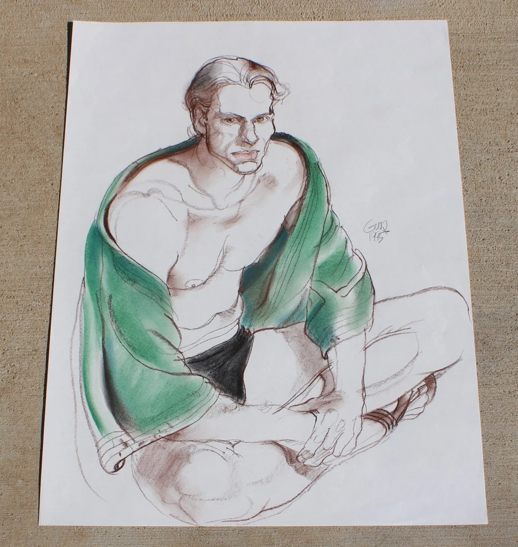 GREGORY WEIR-QUITON Seated Man in His Underwear and Green Robe Color Pastel 1995: Title:GREGORY WEIR-QUITON Seated Man in His Underwear and Green Robe Color Pastel 1995Description:Gregory Weir-Quiton. Seated Man in His Underwear and a Green Robe, 1995, color pastel and watercolor,