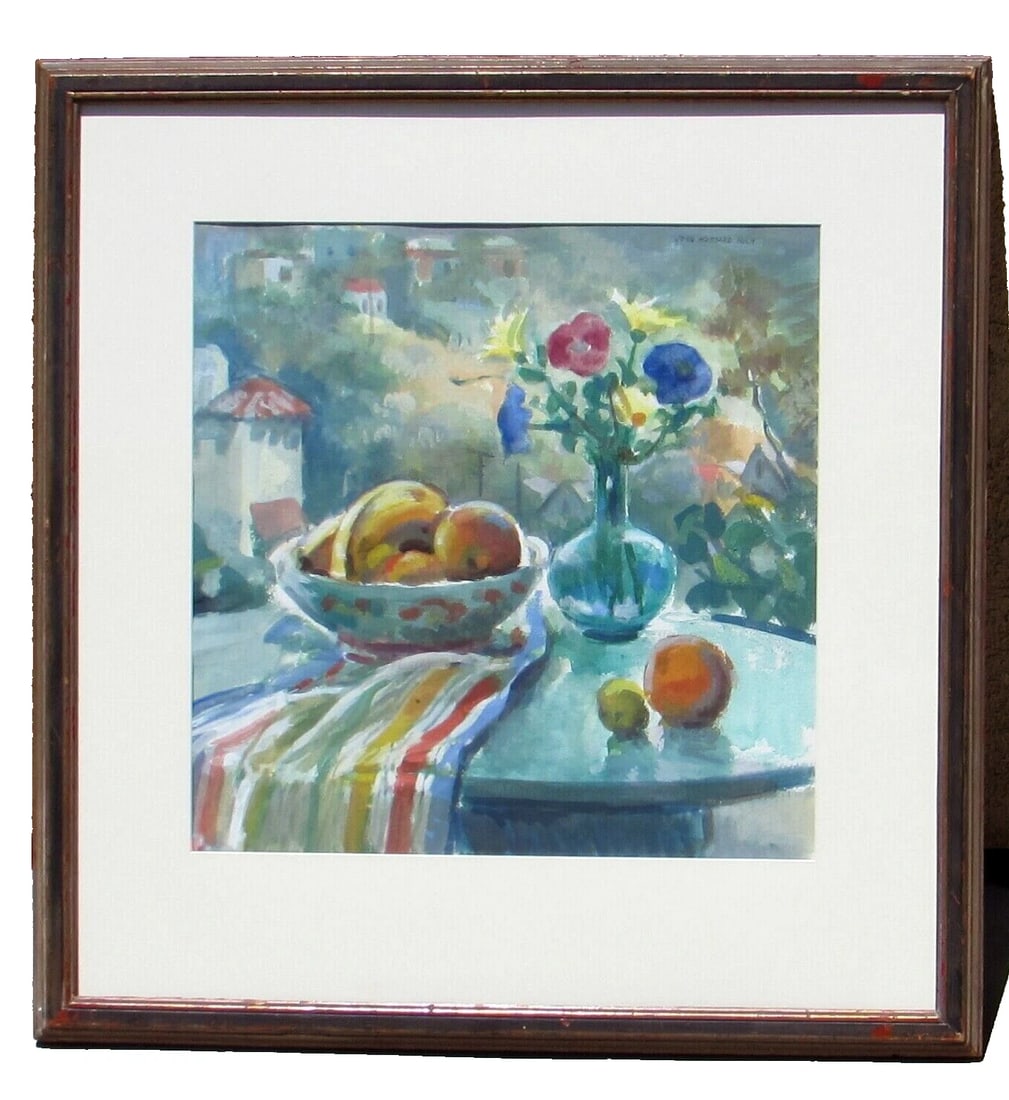 JOHN HUBBARD RICH Still Life Flowers&Fruit w Background view of Hollywood Hills: Title:JOHN HUBBARD RICH Still Life Flowers&Fruit w Background view of Hollywood HillsDescription:JOHN HUBBARD RICH (1876-1954). Circa 1940's Still Life with Flowers, Fruit and Background View of the