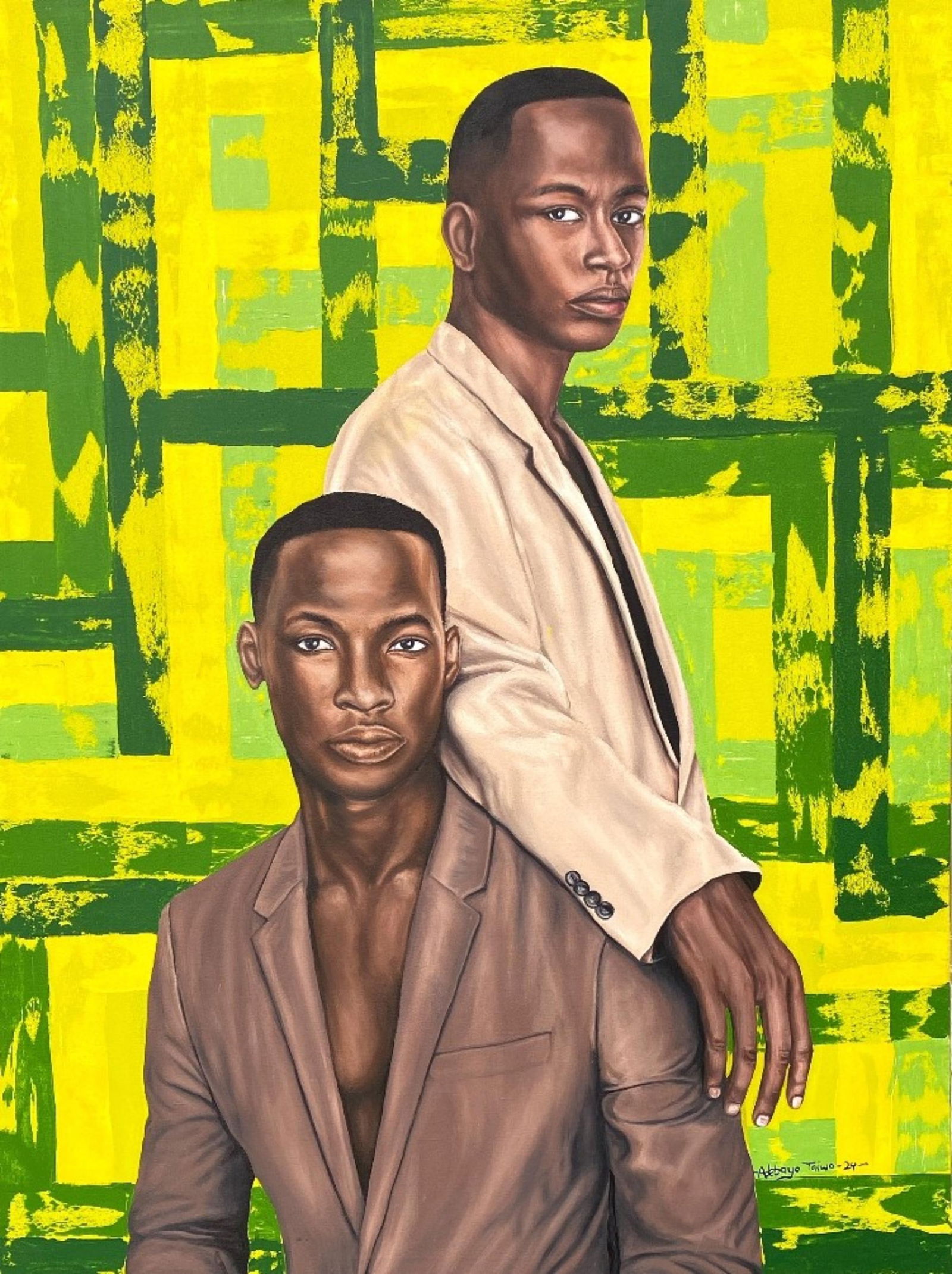 Adebayo Taiwo, Side By Side -21st Century, Contemporary, Figurative Portrait, Men Love, Acrylic,: Creator: Adebayo Taiwo (2003, Nigerian) Creation Year: 2023 Dimensions: Height: 48 in (121.92 cm)Width: 36 in (91.44 cm)Depth: 1 in (2.54 cm) Medium: Canvas,Acrylic Movement & Style: 