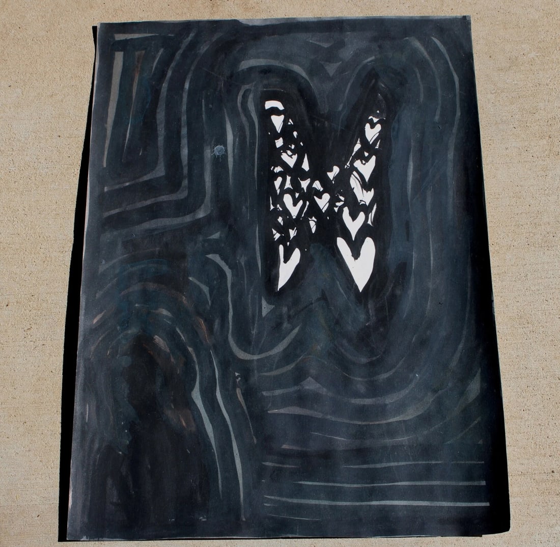 AARON WRINKLE Modernist Acrylic on Paper-Butterfly of Hands from Diana Zlotnick: Title:AARON WRINKLE Modernist Acrylic on Paper-Butterfly of Hands from Diana ZlotnickDescription:Aaron Wrinkle (b. 1978). "Butterfly of Hands" modernist abstract, acrylic or mixed media on paper ,