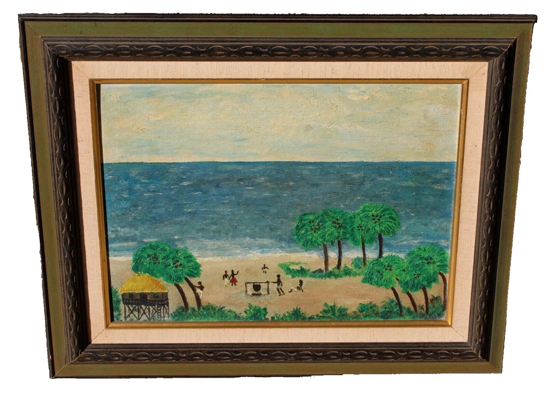 Naive Native Figures on a Tropical Beach by the Ocean oil painting: Title:Naive Native Figures on a Tropical Beach by the Ocean oil paintingDescription:Naive Painting of Native Figures on a Tropical Beach by the Ocean, 12" x 16" oil on canvasboard (framed size: 18" x