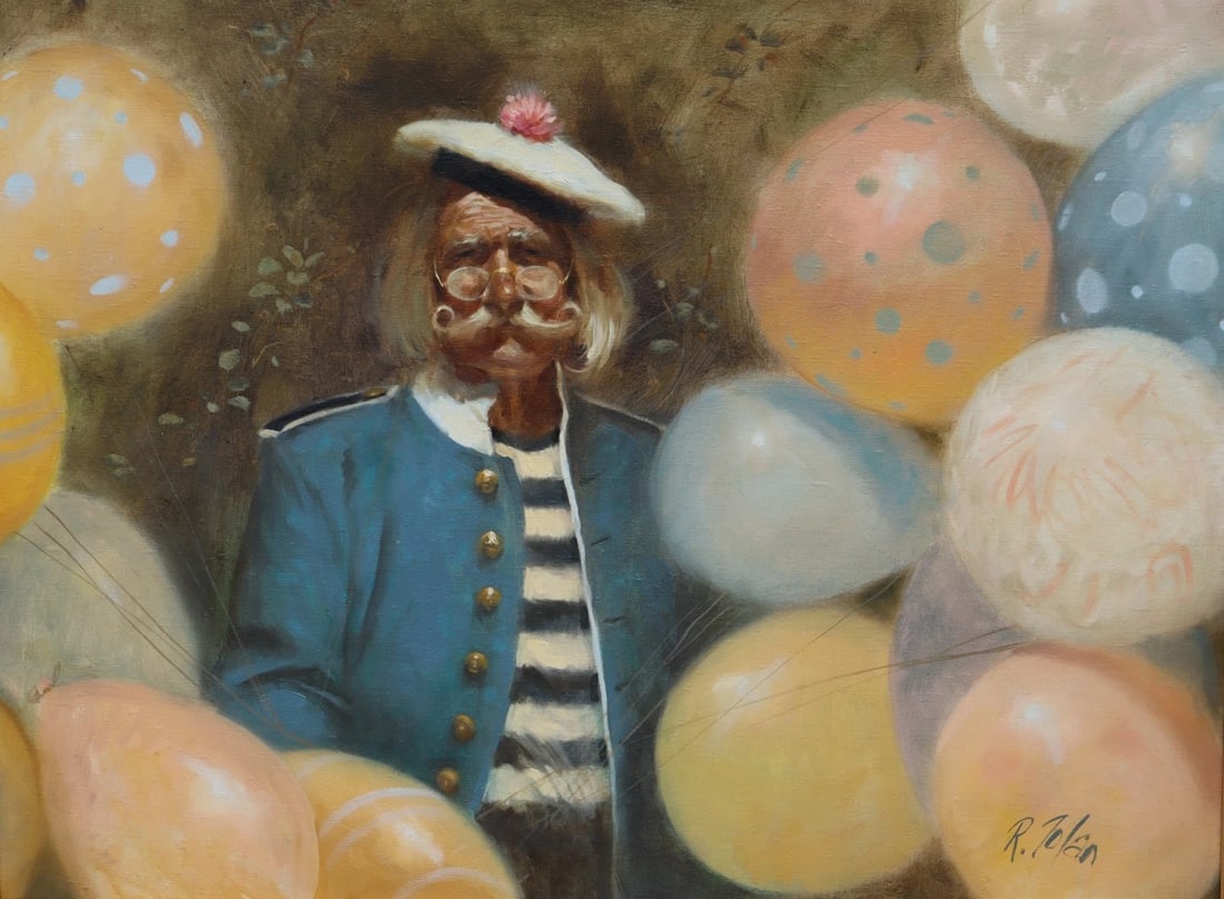 RICHARD JUDSON ZOLAN Original oil painting Balloon Vendor: Title:RICHARD JUDSON ZOLAN Original oil painting Balloon VendorDescription:RICHARD JUDSON ZOLAN (1931-2001). Original oil painting. Balloon Vendor, 30" x 40" oil on canvas (framed size: 38" x