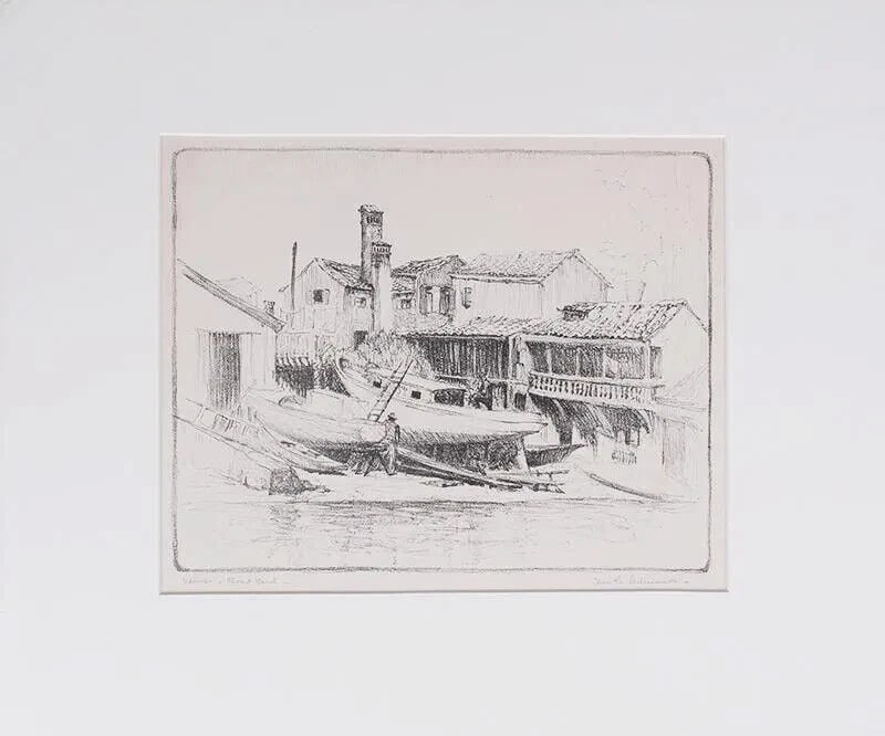Vintage Venice Boat Yard Signed Lithograph Theo C. Adamson?: Title:Vintage Venice Boat Yard Signed Lithograph Theo C. Adamson?Description:THEO C. ADAMSON??? Vintage signed Lithograph. Venice Boat Yard, 10" x 11-3/4" image size (matted size: 14" x 17") titled