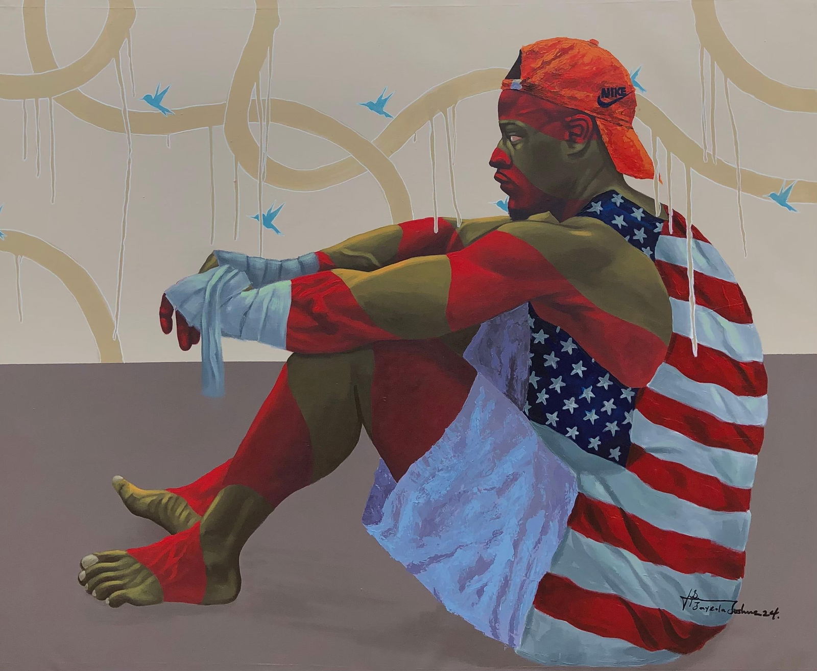 Jayeola Joshua, Dear Dreamer - 21st Century Contemporary Painting of a Young Man Sitting in Red,: Creator: Jayeola Joshua (2000, Nigerian) Creation Year: 2024 Dimensions: Height: 51 in (129.54 cm)Width: 42 in (106.68 cm)Depth: 1 in (2.54 cm) Medium: Canvas,Acrylic Movement & Style: 