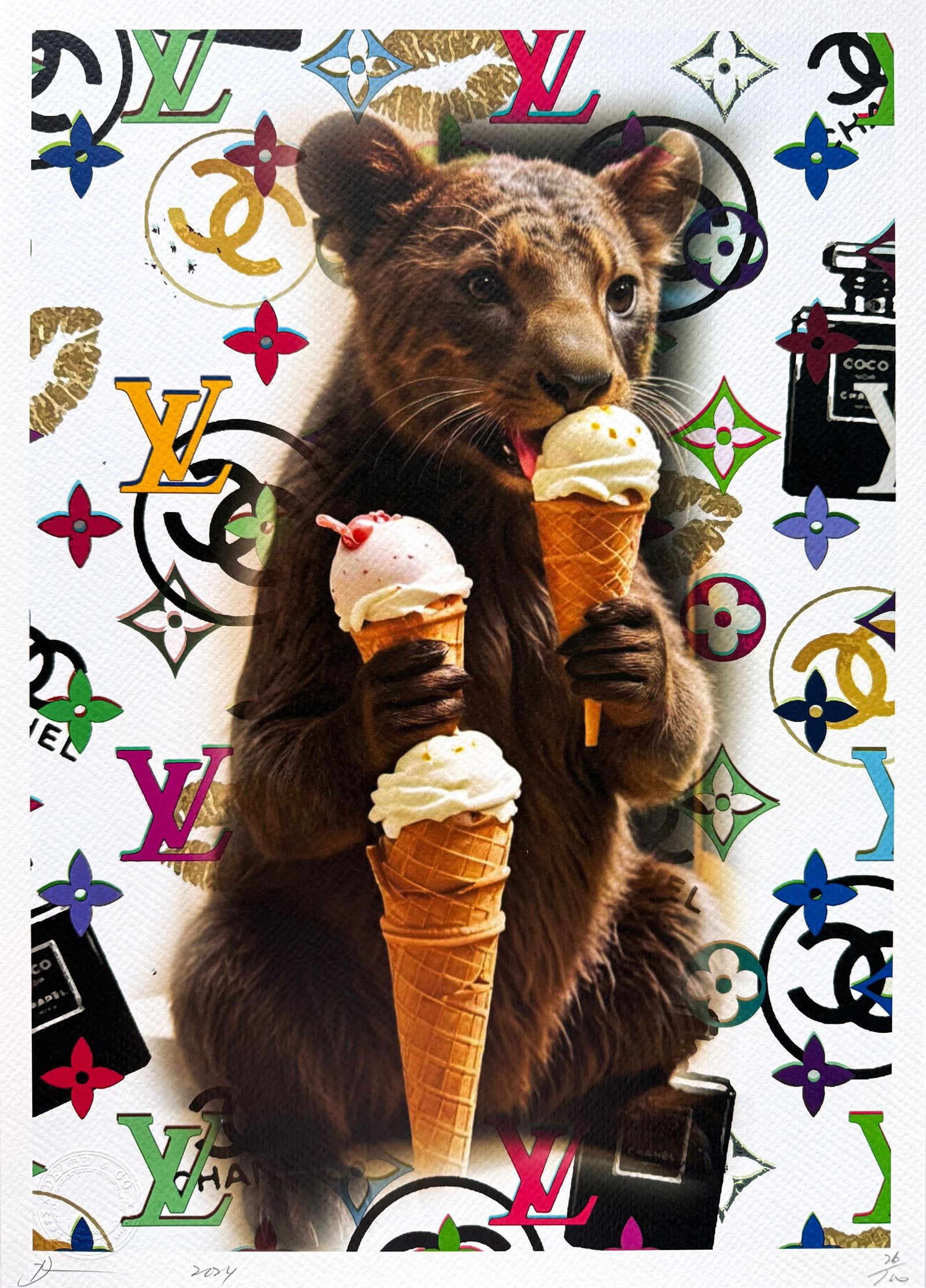 Death NYC LV Bear: Title:Death NYC LV Bear Date/Period:21st Century Materials:Giclee on Fine art 300 gsm paper Size:17 3/4 x 12 1/2 inches Description:Artist: Death NYC, limited edition giclee on paper, out of eddition