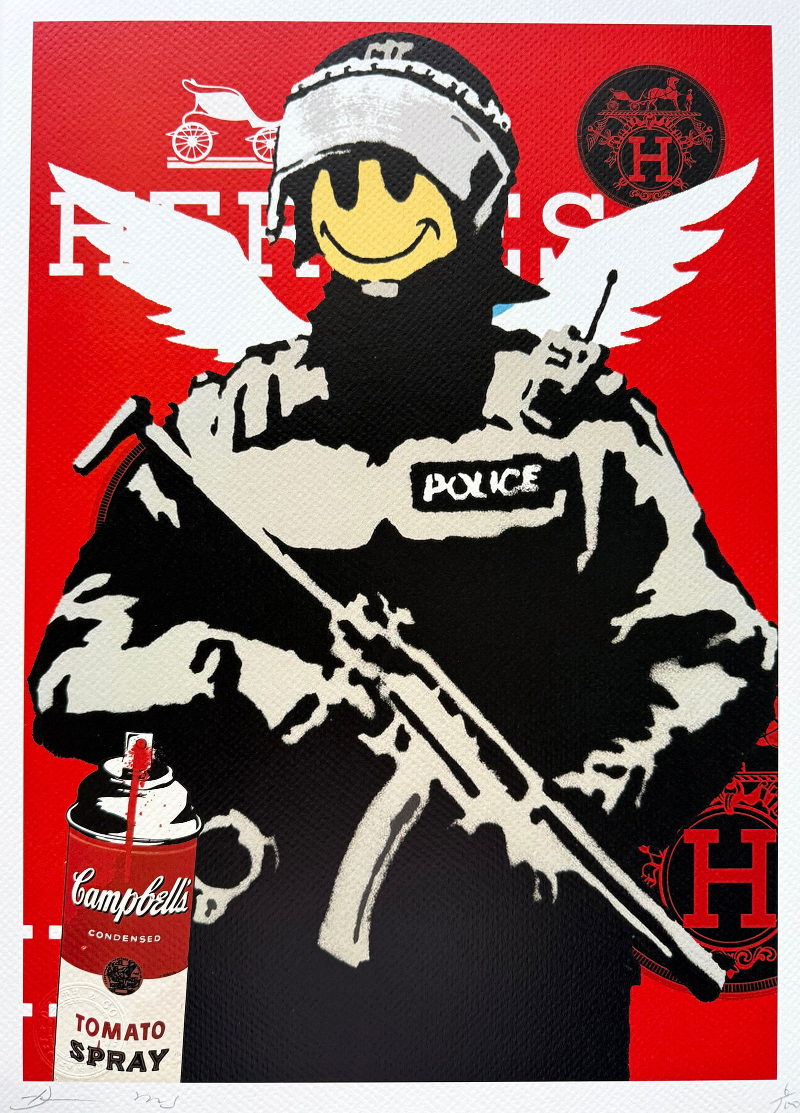 Death NYC Banksy Hermes: Title:Death NYC Banksy Hermes Date/Period:21st Century Materials:Giclee on Fine art 300 gsm paper Size:17 3/4 x 12 1/2 inches Description:Artist: Death NYC, limited edition giclee on paper, out of edd