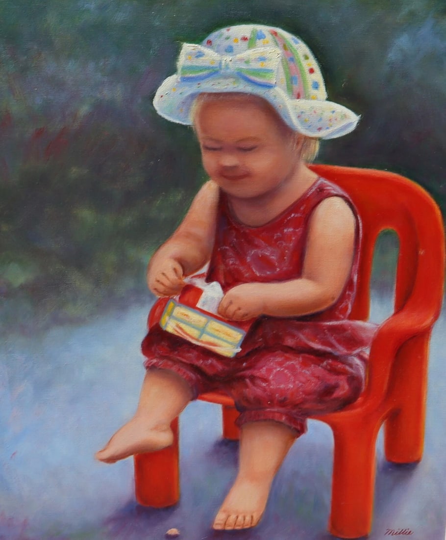 Seated Toddler Girl with Hat Holding a Toy oil by California artist Millie - 3