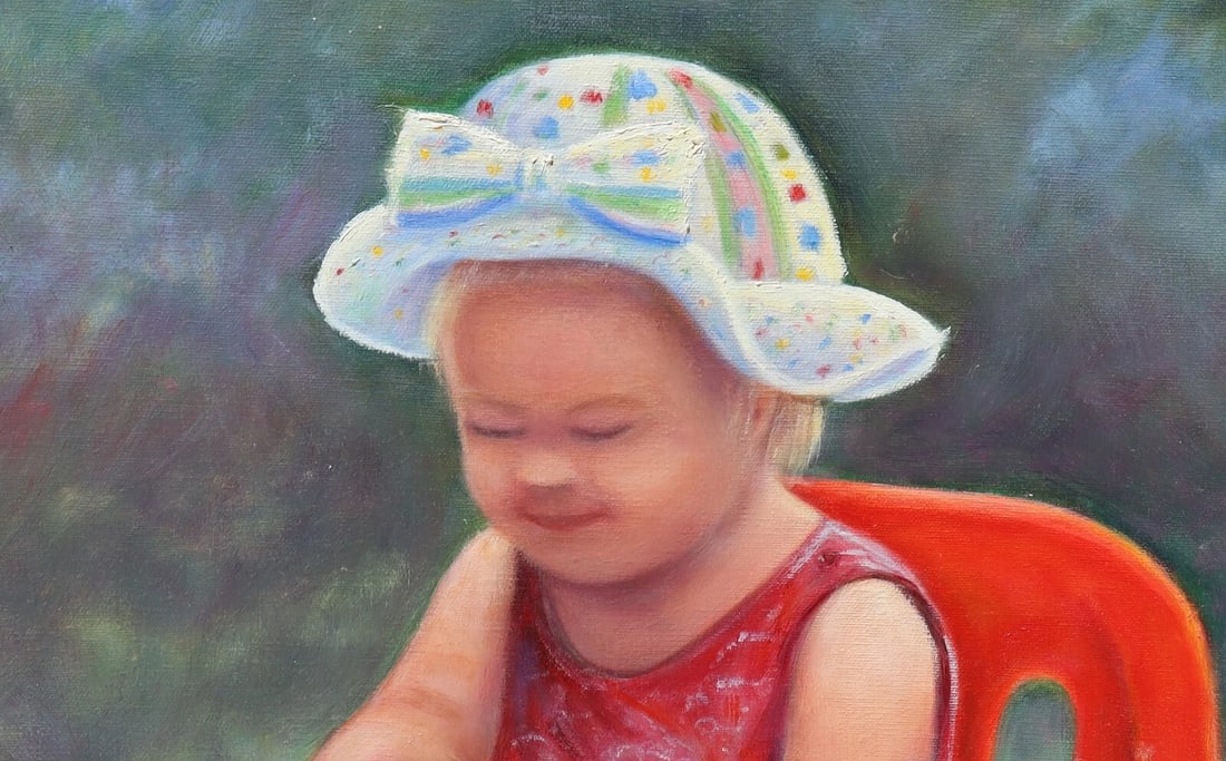 Seated Toddler Girl with Hat Holding a Toy oil by California artist Millie - 4