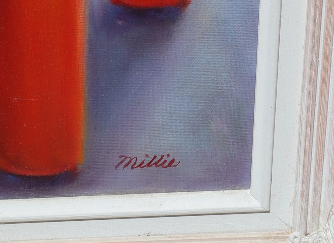 Seated Toddler Girl with Hat Holding a Toy oil by California artist Millie - 5