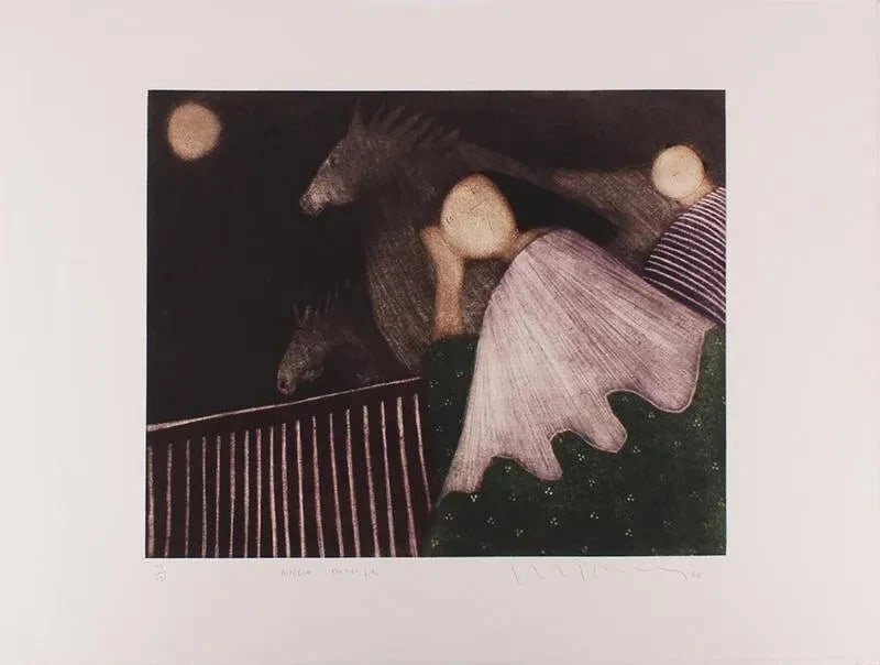 ENG TAY Malaysian Color Aquatint Etching Night Passage 1982 71/125: Title:ENG TAY Malaysian Color Aquatint Etching Night Passage 1982 71/125 Description:ENG TAY. (Malaysian born 1947). Color Aquatint Etching. NIGHT PASSAGE, 1982, Image sight size: 15-1/8" x 19-1/2" (w