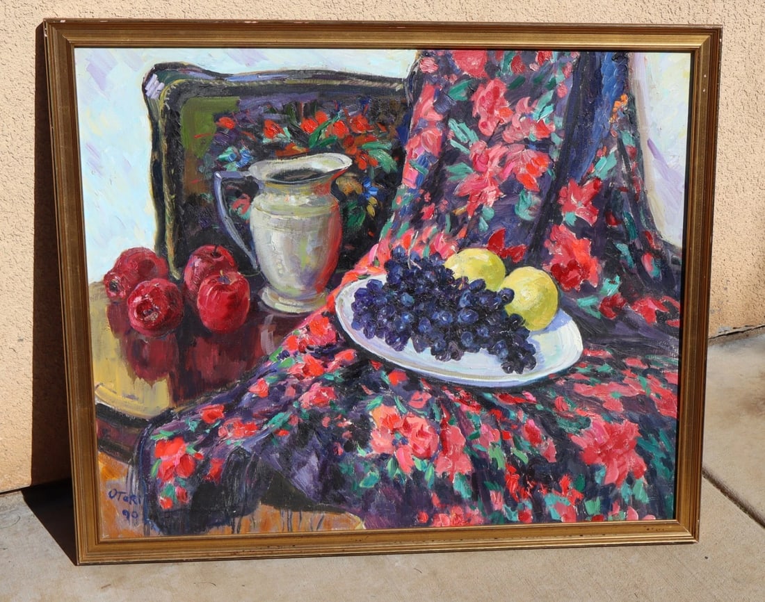 Otari Georgievich Shiukashvili Russian Dark Grapes w Apples oil painting 1990: Title:Otari Georgievich Shiukashvili Russian Dark Grapes w Apples oil painting 1990 Description:Otari Georgievich Shiukashvili (also known as Otari Shiuk) (1921-1995- Russian). Dark Grapes with Applie