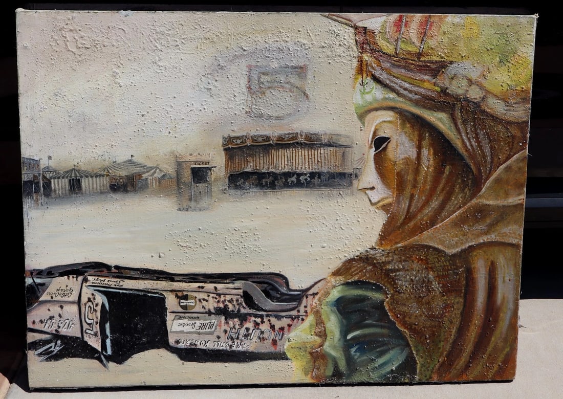 RON "ROMAN" PASTUCHA Modernist Surrealist oil & Mixed Media Amusement Park Scene: Title:RON "ROMAN" PASTUCHA Modernist Surrealist oil & Mixed Media Amusement Park SceneDescription:RON "ROMAN" PASTUCHA. The artist's work was featured in the movie "Titanic" and others see biography