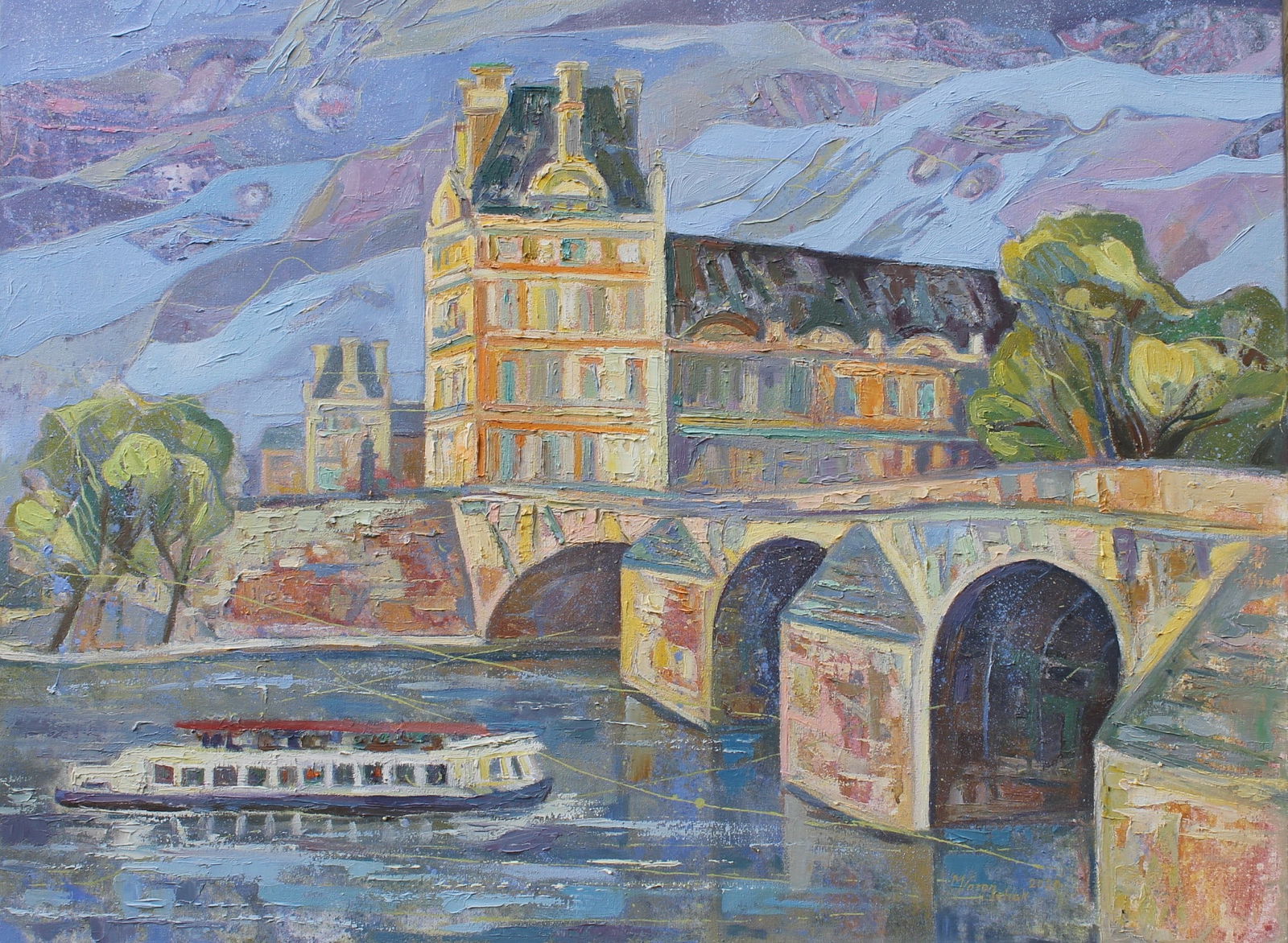 Oil acrylic painting Louvre over the Seine Maria Voloschak: Title: Oil acrylic painting Louvre over the Seine Maria Voloschak Description: 12Vor Painter: Maria Voloschak Size: 60x80 cm/23,62x31,49 inches Components: oil, acrylic, canvas Original painting