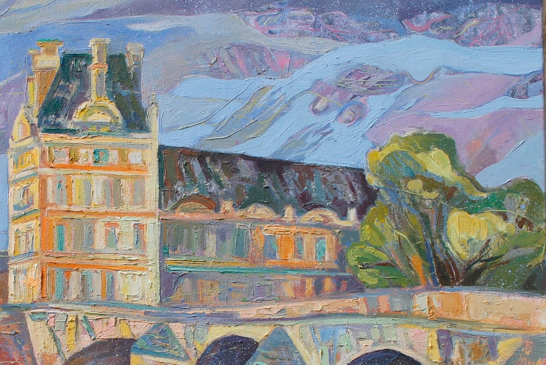 Oil acrylic painting Louvre over the Seine Maria Voloschak - 2