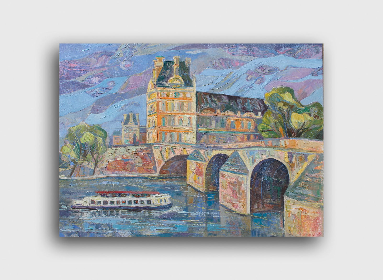 Oil acrylic painting Louvre over the Seine Maria Voloschak - 7