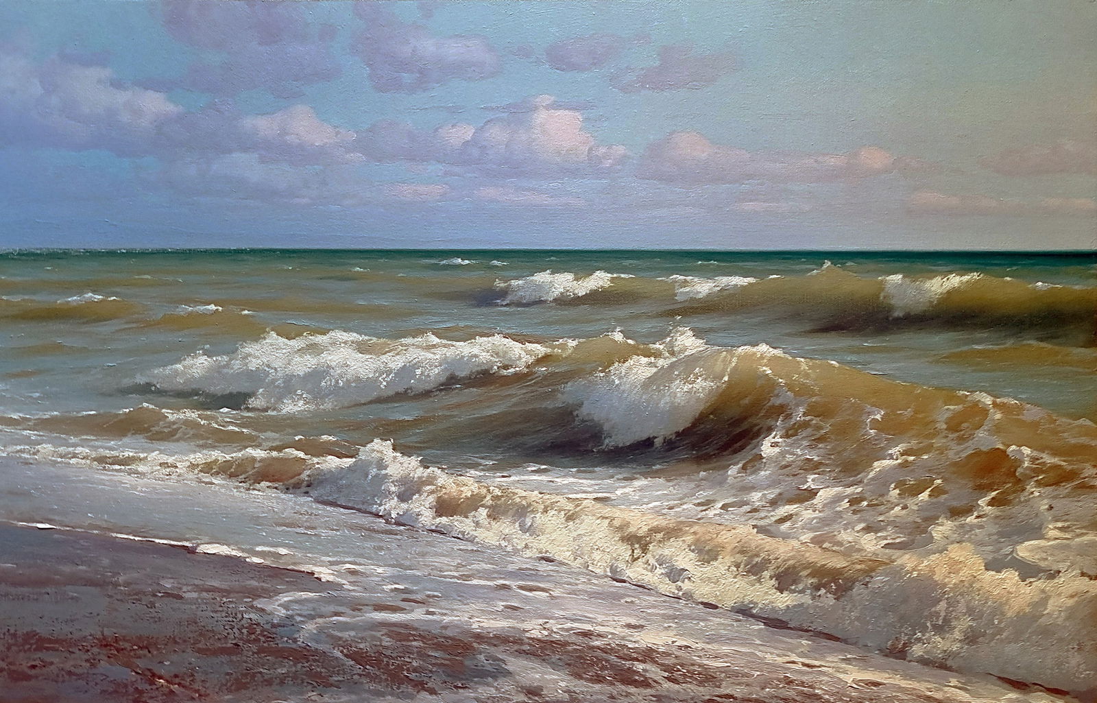 Oil painting Troubled sea Ukrainian painter: Title: Oil painting Troubled sea Ukrainian painter Description: 03R Painter: Yurii P. Size: 55x85 cm/ 21.65x33.46 inches Components: oil, canvas Original painting CONDITION: exellent ERA: ARTIST: Prya