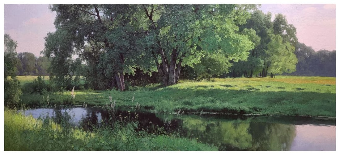 Oil painting It's evening. Silence Ukrainian painter: Title: Oil painting It's evening. Silence Ukrainian painter Description: 07R Painter: Yurii P. Size: 40x100 cm/ 15.74x39.37 inches Components: oil, canvas Original painting CONDITION: exellent ERA: AR