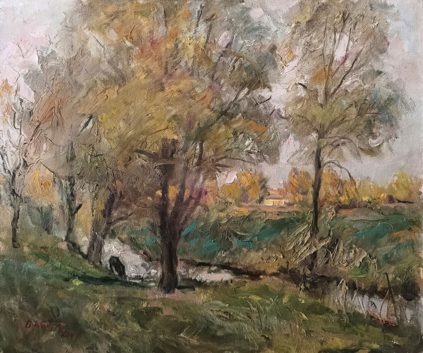 Oil painting Evening by honored painter Ukrainian Vasyl K.: Title: Oil painting Evening by honored painter Ukrainian Vasyl K. Description: 25Kv Painter: Vasyl K. Size: 52x61 cm/ 20.47x24.01 inches Components: oil, canvas Original painting CONDITION: exellent E