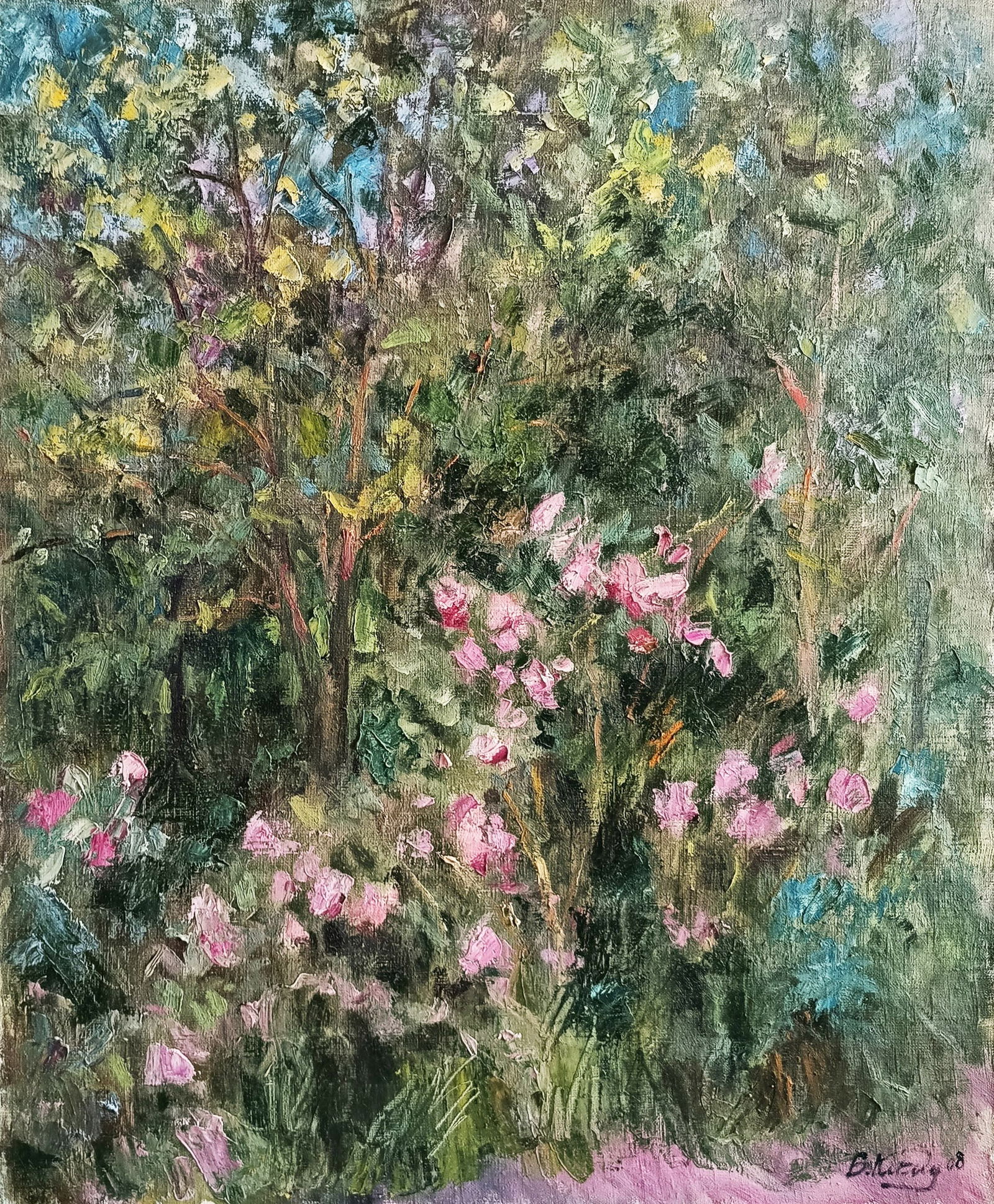 Oil painting Garden by honored painter Ukrainian Vasyl K.: Title: Oil painting Garden by honored painter Ukrainian Vasyl K. Description: 27Kv Painter: Vasyl K. Size: 61.5x71.5 cm/ 24.21x28.14 inches Components: oil, canvas Original painting CONDITION: exellen