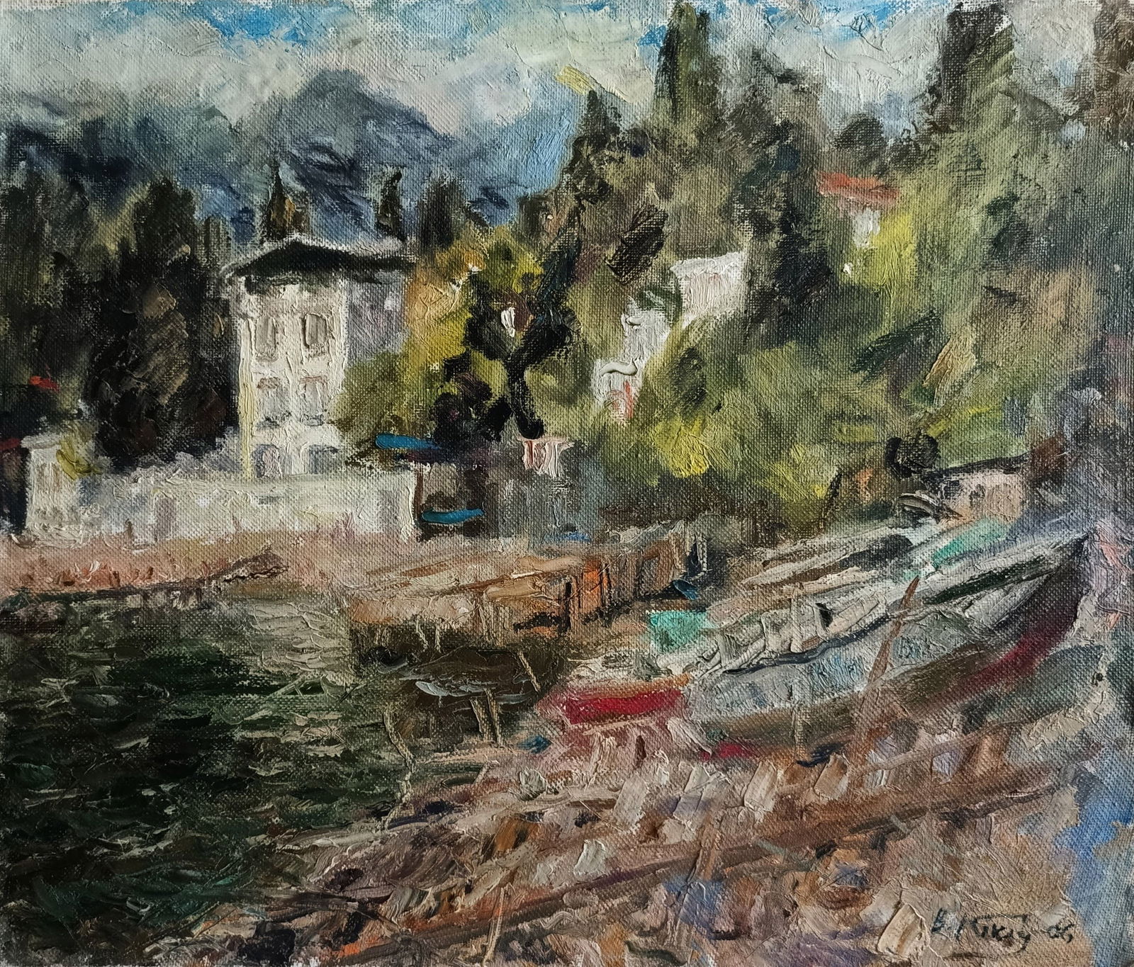 Oil painting Houses by honored painter Ukrainian Vasyl K.: Title: Oil painting Houses by honored painter Ukrainian Vasyl K. Description: 31Kv Painter: Vasyl K. Size: 52x61 cm/ 20.47x24.01 inches Components: oil, canvas Original painting CONDITION: exellent ER