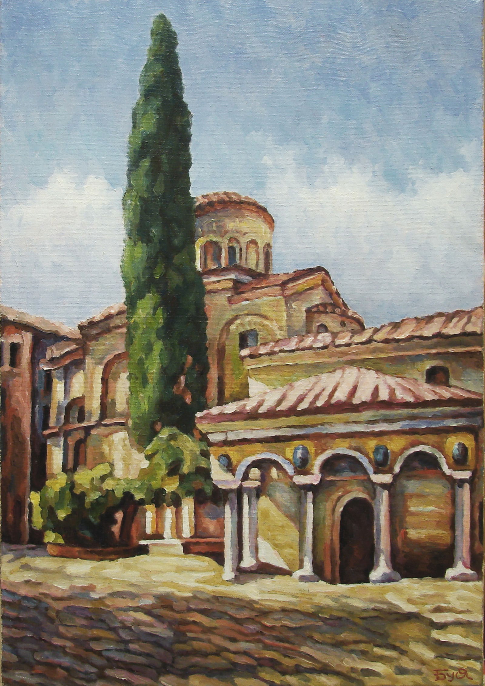 Oil painting Bachkovsky Monastery. Bulgaria Valerii B: Title: Oil painting Bachkovsky Monastery. Bulgaria Valerii B Description: 06Butk Painter: Valerii B Size: 35x50 cm/13,78x19,68 inches Components: oil, canvas Original painting from our collection