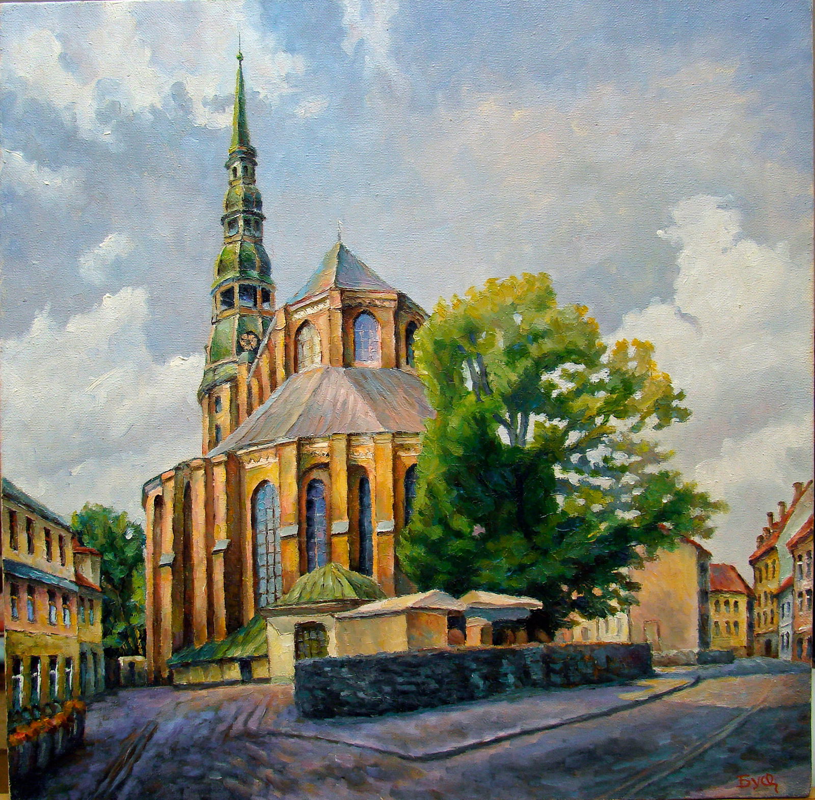 Oil painting Church of St. Peter, Riga, Old Town Valerii B: Title: Oil painting Church of St. Peter, Riga, Old Town Valerii B Description: 23Butk Painter: Valerii B Size: 50x50 cm/19,68x19,68 inches Components: oil, canvas Original painting from our collection