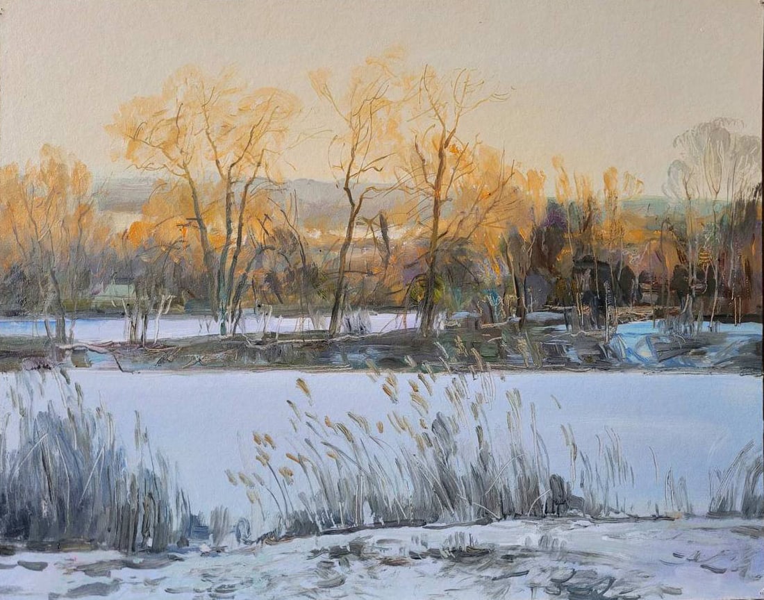 Oil painting sunset. Winter Oleksandr Oleksandrovich Nazarenko: Title: Oil painting sunset. Winter Oleksandr Oleksandrovich Nazarenko Description: 16D Painter: Oleksandr Nazarenko Size: 40x50 cm/15.74x19.68 inches Components: oil, cardboard Original painting from