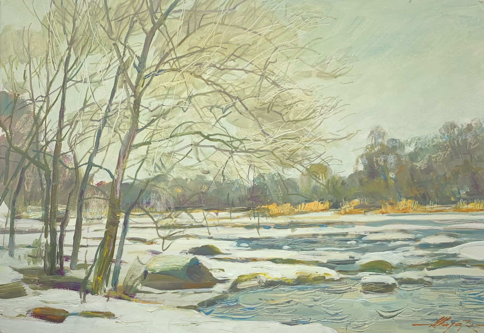Oil painting Rapids on the Bug River Oleksandr Oleksandrovich Nazarenko: Title: Oil painting Rapids on the Bug River Oleksandr Oleksandrovich Nazarenko Description: 55D Painter: Oleksandr Nazarenko Size: 40x50 cm/15,74x19,68 inches Components: Oil, cardboard Original paint