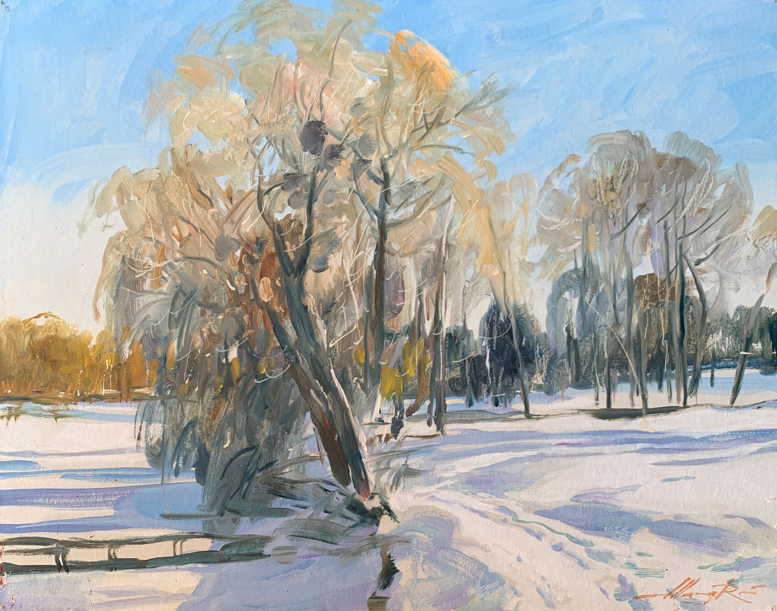 Oil painting Winter sun Oleksandr Oleksandrovich Nazarenko: Title: Oil painting Winter sun Oleksandr Oleksandrovich Nazarenko Description: 95D Painter: Oleksandr Nazarenko Size: 40x50 cm/15,75x19,68 inches Components: Oil, cardboard Original painting from