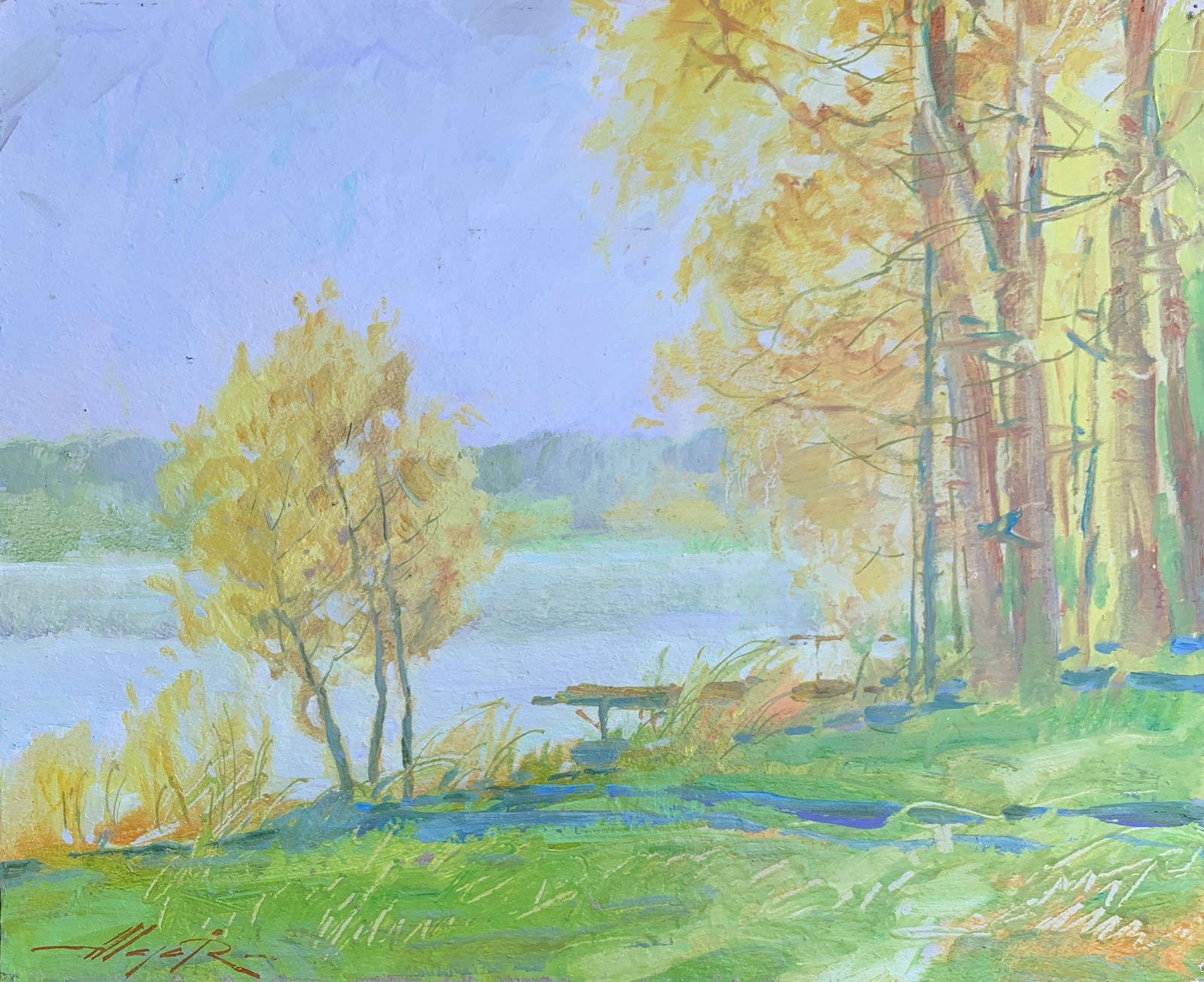 Oil painting Autumn Oleksandr Oleksandrovich Nazarenko: Title: Oil painting Autumn Oleksandr Oleksandrovich Nazarenko Description: 119D Painter: Oleksandr Nazarenko Size: 35x40 cm/13,78x15,75 inches Components: Oil, cardboard Original painting from our