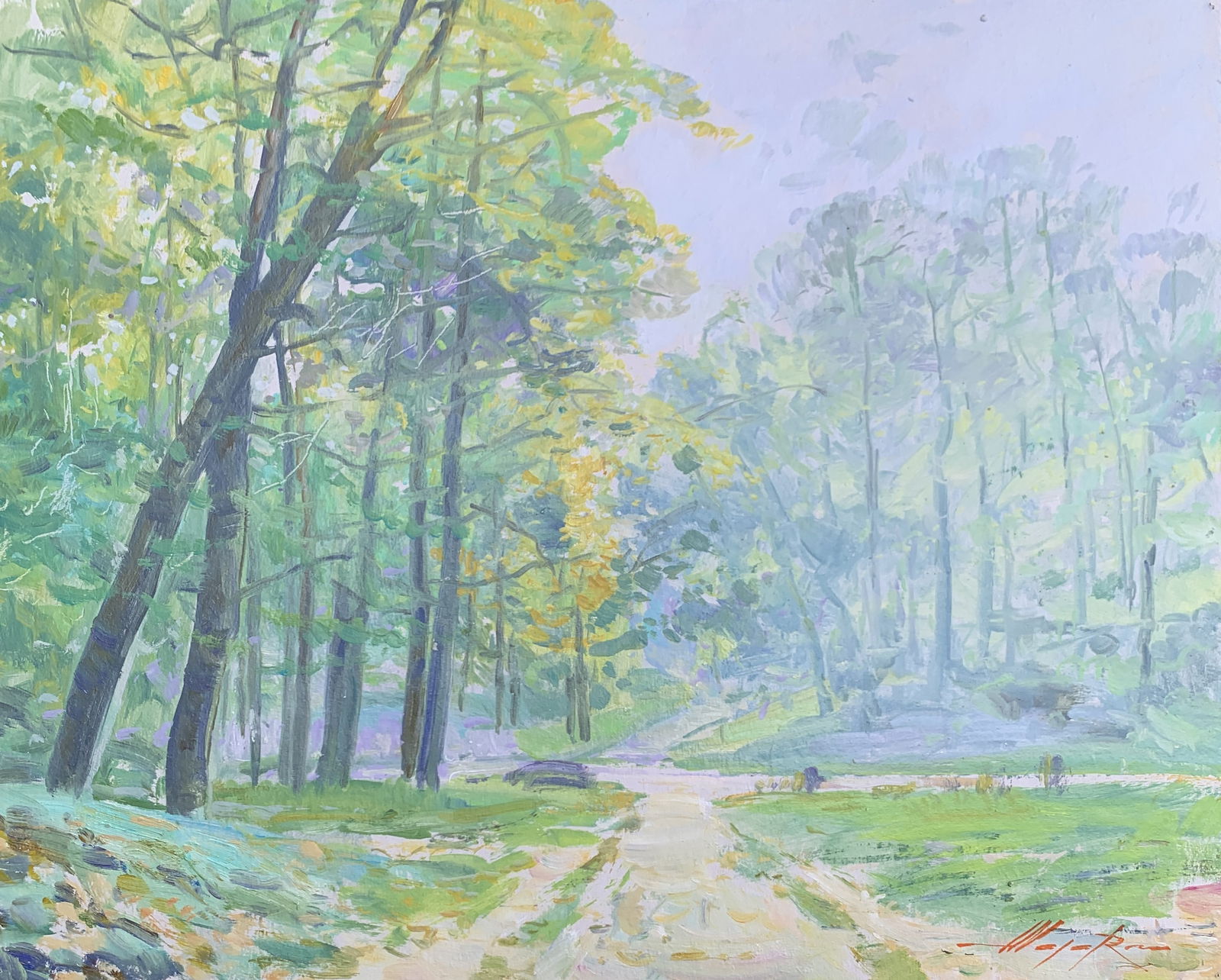 Oil painting Morning in the forest Oleksandr Oleksandrovich Nazarenko: Title: Oil painting Morning in the forest Oleksandr Oleksandrovich Nazarenko Description: 123D Painter: Oleksandr Nazarenko Size: 40x50 cm/15,75x19,68 inches Components: Oil, cardboard Original painti