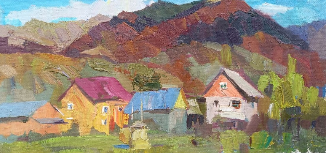 Oil painting Bukovel Alex Ditriev: Title: Oil painting Bukovel Alex Ditriev Description: 96AD Painter: Alex Ditriev Size: 53.5x26.5 cm/21.1x10.4 inches Components: oil, canvas Original painting from our collection ERA: Short