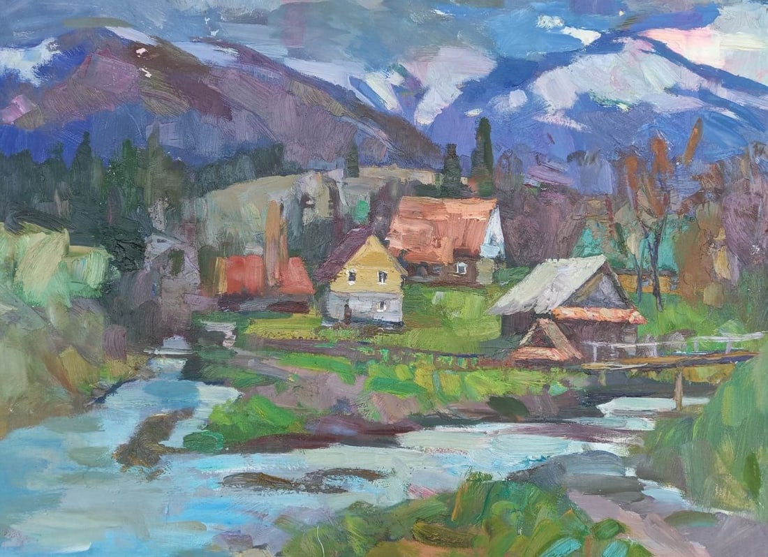 Oil painting In the mountains Alex Ditriev: Title: Oil painting In the mountains Alex Ditriev Description: 171AD Painter: Alex Ditriev Size: 76x56 cm/ 29.9x22.0 inches Components: oil, canvas Original painting from our collection ERA: Short inf