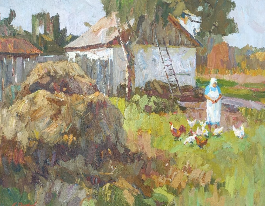 Oil painting Rural yard Alex Ditriev: Title: Oil painting Rural yard Alex Ditriev Description: 189AD Painter: Alex Ditriev Size: 56x70 cm/ 22.0x27.6 inches Components: oil, canvas Original painting from our collection ERA: Short informati