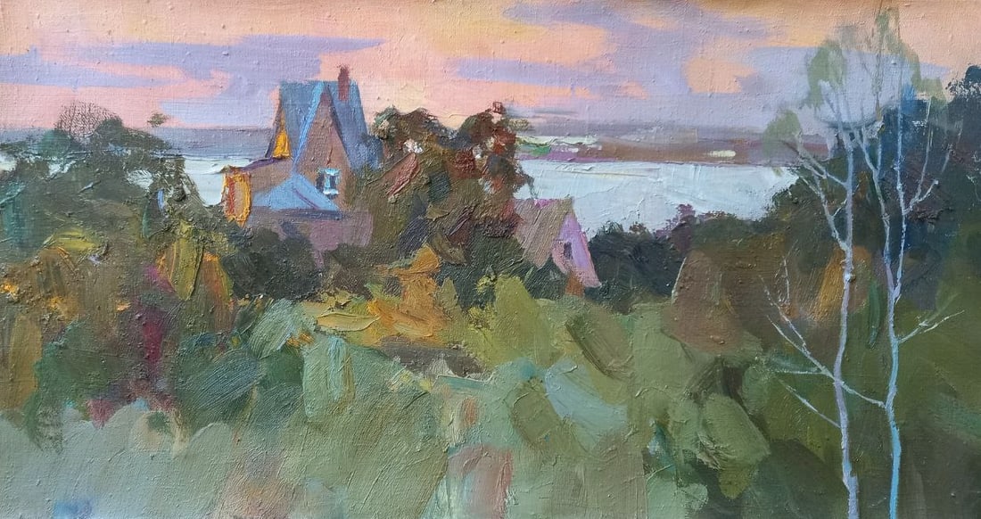 Oil painting Sunset over the Bug Alex Ditriev: Title: Oil painting Sunset over the Bug Alex Ditriev Description: 192AD Painter: Alex Ditriev Size: 80x43 cm/ 31.5x16.9 inches Components: oil, canvas Original painting from our collection ERA: Short