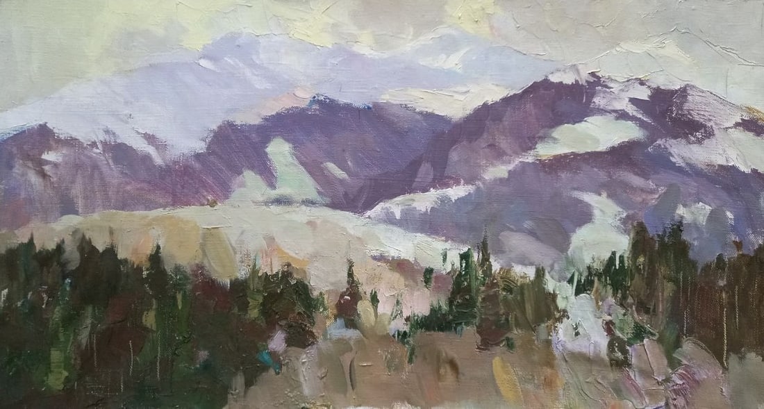 Oil painting Fairytale mountains Alex Ditriev: Title: Oil painting Fairytale mountains Alex Ditriev Description: 194AD Painter: Alex Ditriev Size: 34x64 cm/13.4x25.2 inches Components: oil, canvas Original painting from our collection ERA: Short i