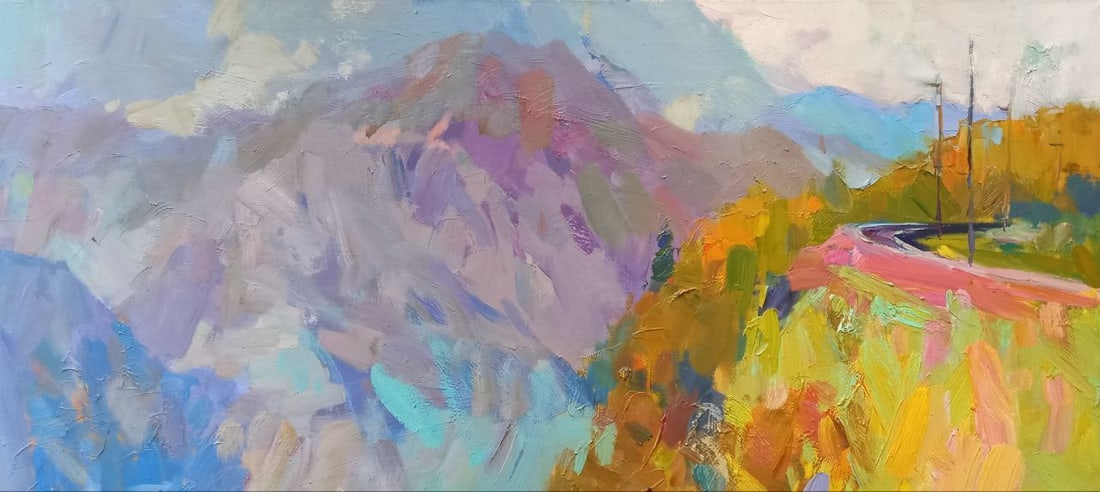 Oil painting Mountain Railway Alex Ditriev: Title: Oil painting Mountain Railway Alex Ditriev Description: 211AD Painter: Alex Ditriev Size: 100x45 cm/ 39.4x17.7 inches Components: oil, canvas Original painting from our collection ERA: Short in